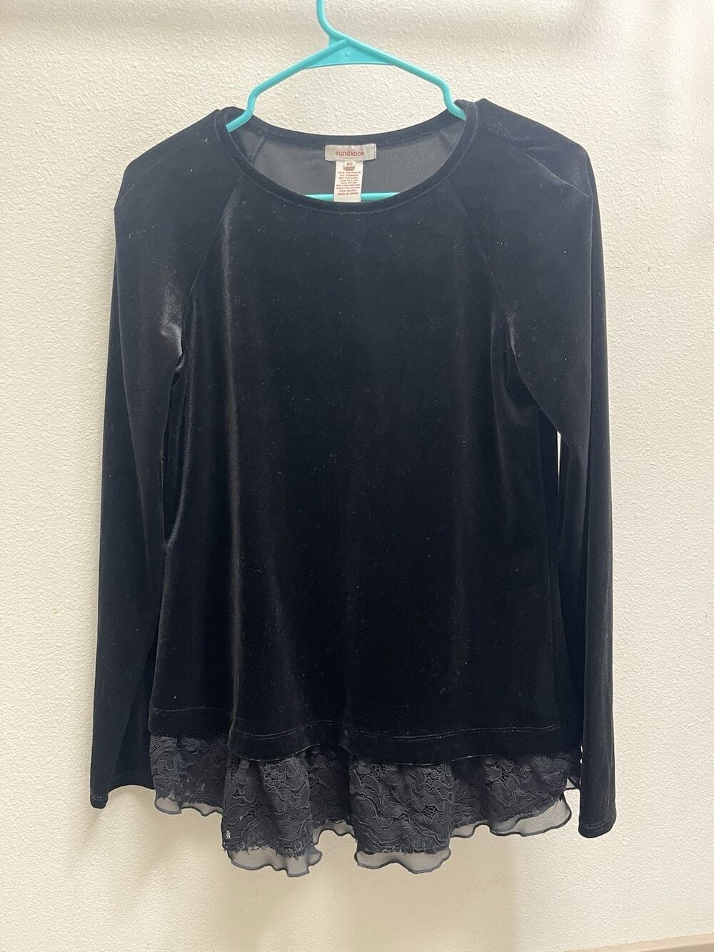 Sundance Women XS Black Velvet Top Lace Chiffon Hem Long Sleeve Boho Romantic